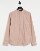 Asos Design Slim Fit Shirt With Grandad Collar In Tan & White Stripe-brown