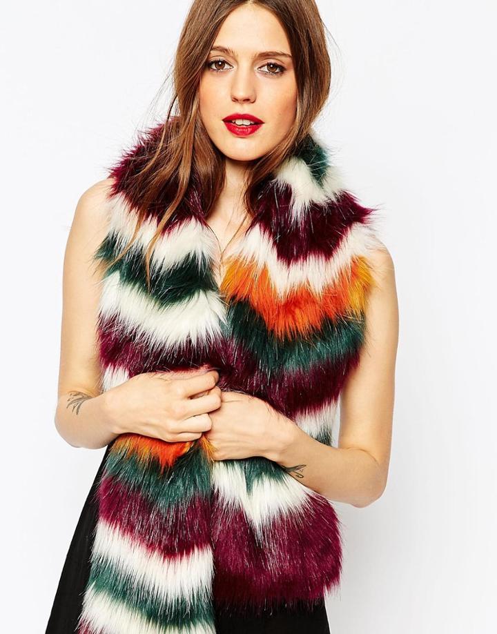 Asos Faux Fur Scarf In Chevron Design - Multi