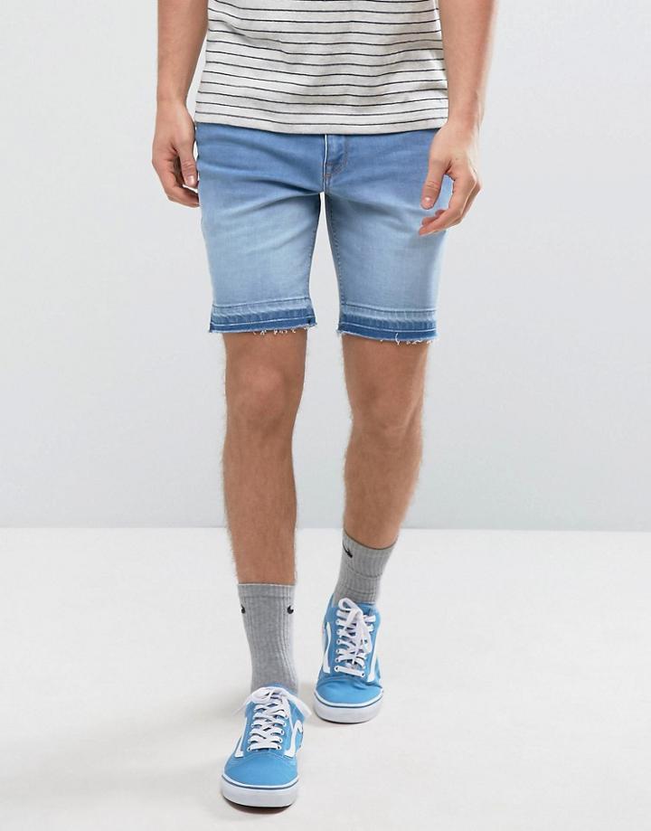 Asos Denim Shorts In Skinny Light Blue With Dipped Released Hem - Blue