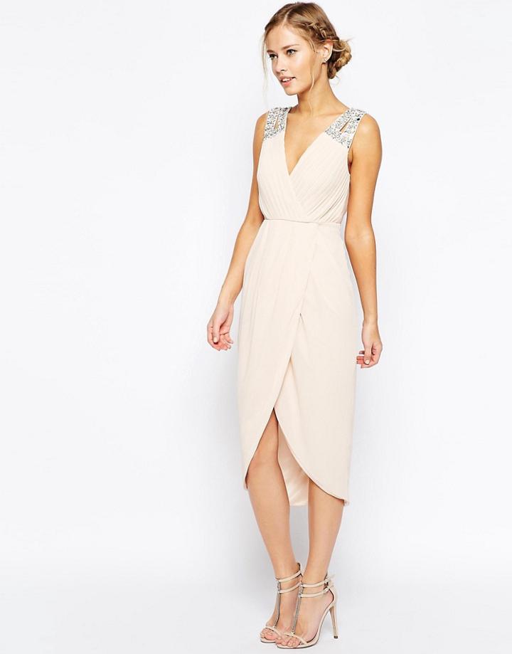 Tfnc Midi Dress With Embellished Shoulders & Wrap Skirt - Pink