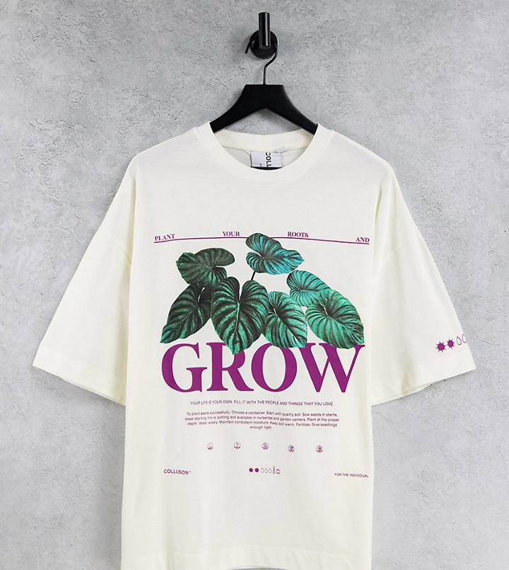 Collusion Unisex Oversized T-shirt With Grow Print In Ecru Pique-white