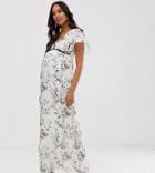 Hope & Ivy Maternity Floral Velvet Trim Maxi Dress-multi