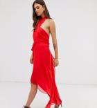 Asos Design Midi Dress In Soft Chiffon Drape With Wrap Neck - Red