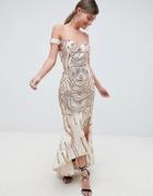 Bariano Off Shoulder Sweetheart Sequin Maxi Dress - Gold