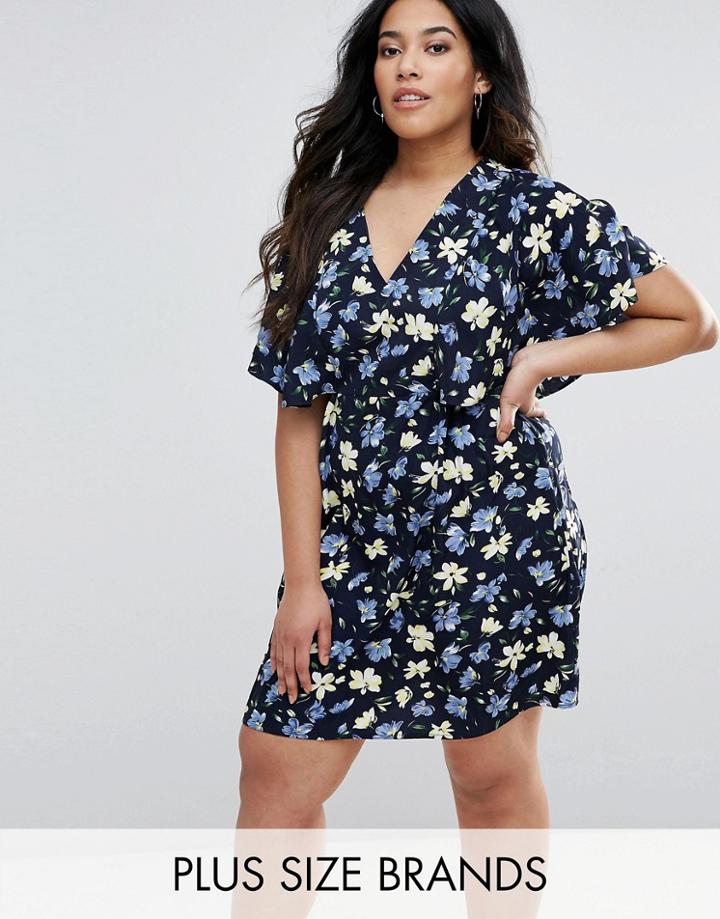 Yumi Plus Cape Dress In Floral Print - Navy