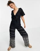 En Cr Me Wide Leg Jumpsuit With Tie Front And Paisley Detail-navy