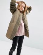 Asos Trapeze Parka With Contrast Rib Collar - Green
