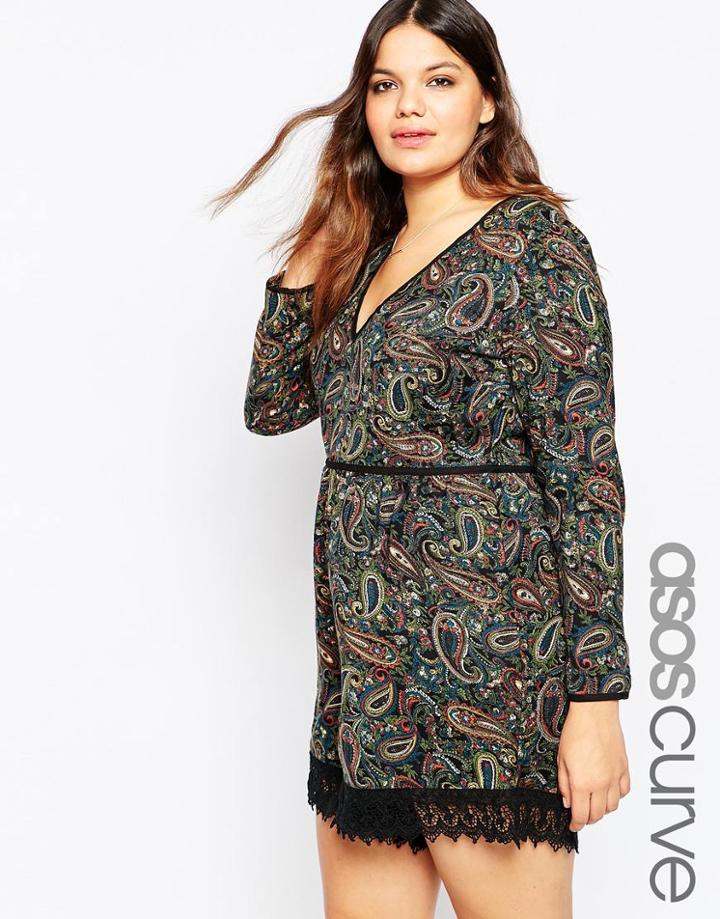 Asos Curve V-neck Romper In Paisley Print & Lace Hem - Multi