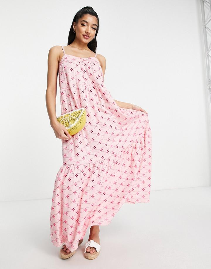 Asos Design Broderie Strappy Maxi Dress With Buttons In Pink Contrast