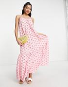 Asos Design Broderie Strappy Maxi Dress With Buttons In Pink Contrast