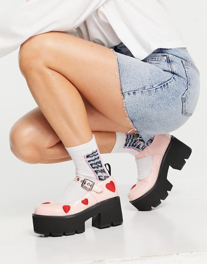 Lamoda Chunky Heeled Shoes In Pink Patent With Red Hearts