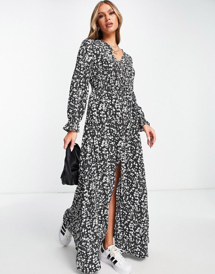 Qed London V Neck Button Front Midaxi Dress In Monochrome Floral Print-black