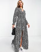 Qed London V Neck Button Front Midaxi Dress In Monochrome Floral Print-black