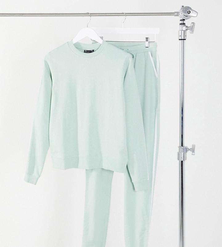 Asos Design Tall Tracksuit Sweatshirt / Basic Sweatpants With Contrast Binding In Organic Cotton In Sage Green-black