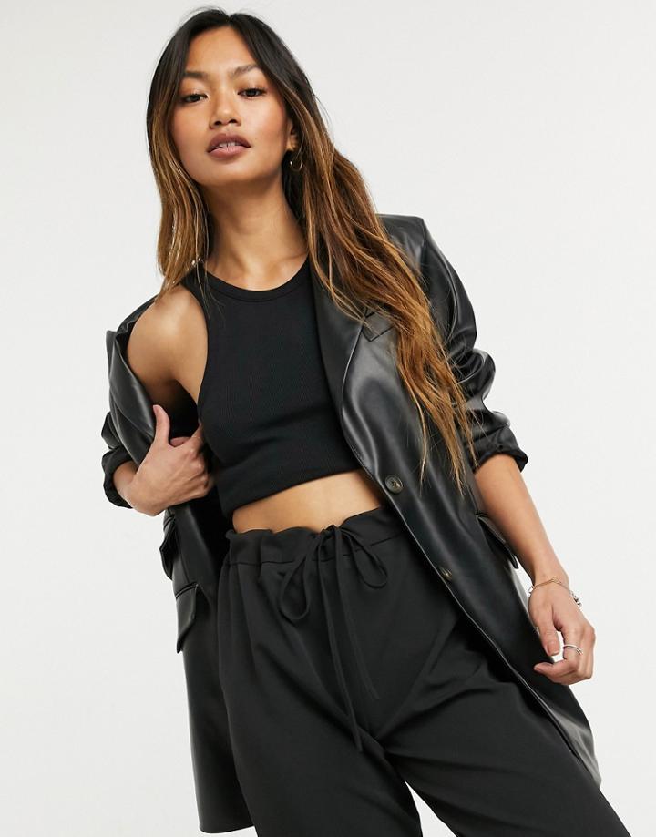 Asos Design Leather Look Strong Shoulder Nipped Waist Longline Blazer In Black