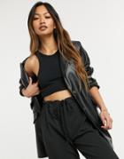 Asos Design Leather Look Strong Shoulder Nipped Waist Longline Blazer In Black