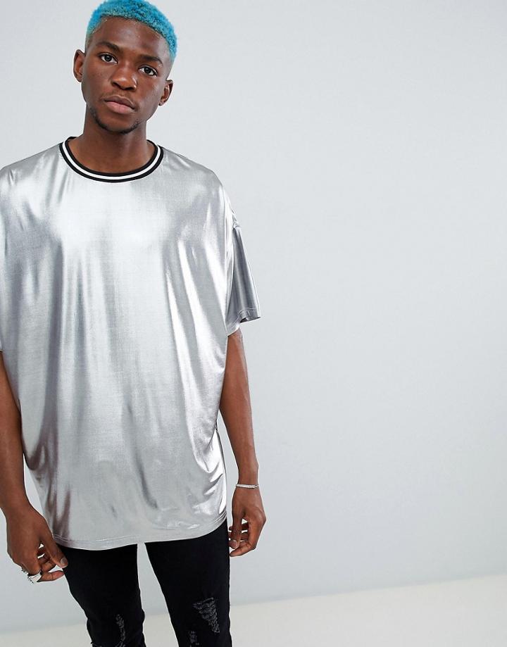 Asos Design Festival Oversized Longline T-shirt In Liquid Gunmetal Silver - Silver