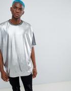 Asos Design Festival Oversized Longline T-shirt In Liquid Gunmetal Silver - Silver