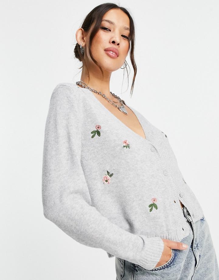 Only Recycled Blend Cardigan With Flower Embroidery In Gray-grey