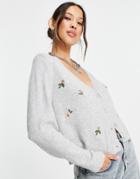 Only Recycled Blend Cardigan With Flower Embroidery In Gray-grey