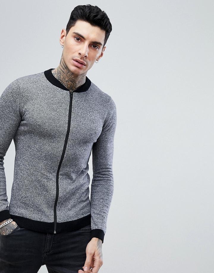 Asos Design Knitted Bomber In Grey - Gray