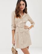 Asos Design Linen Mini Tux Dress With Belt-beige
