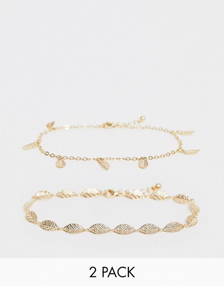 Asos Design Pack Of 2 Anklets With Feather Pendants In Gold Tone - Gold