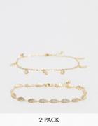Asos Design Pack Of 2 Anklets With Feather Pendants In Gold Tone - Gold