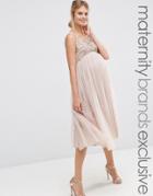 Maya Maternity Cami Strap Mini Dress With Tulle Skirt And Embellishment - Beige