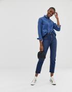 Asos Design Recycled Farleigh High Waist Slim Mom Jeans In Dark Wash Blue With Front Patch Pocket Detail - Blue
