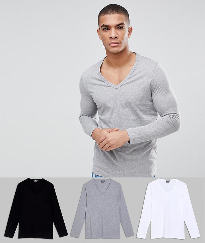 Asos Design 3 Pack Long Sleeve V Neck T-shirt Save - Multi
