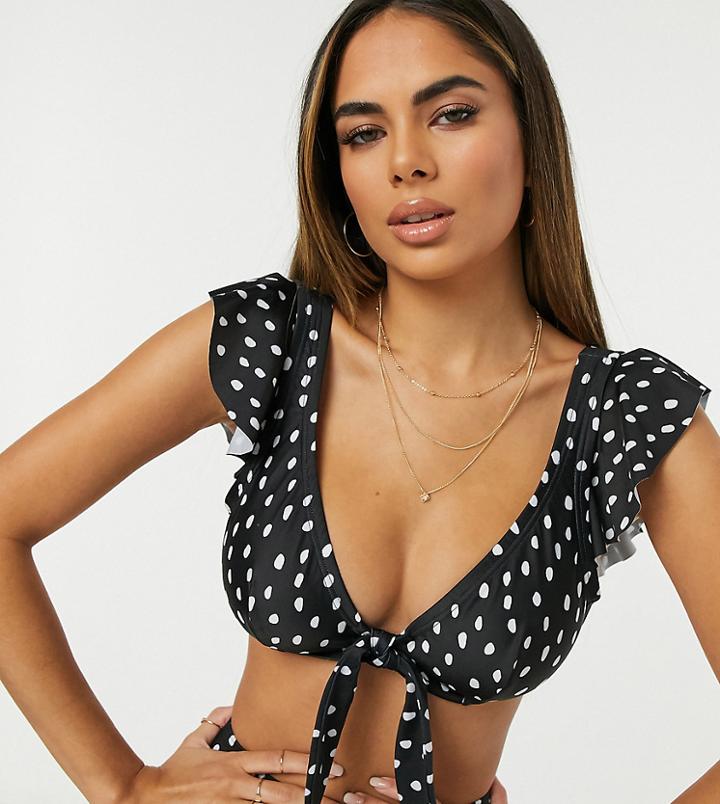 Peek & Beau Fuller Bust Exclusive Mix And Match Tie Front Underwire Bikini Top With Frill Sleeve In Polka Dot-multi