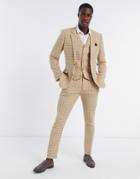 Asos Design Wedding Skinny Wool Mix Suit Suit Vest In Camel Houndstooth Check-neutral