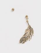 Asos Design Single Feather Drop Earring In Antique Gold Tone - Gold