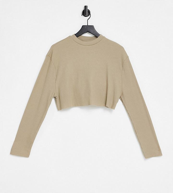 Collusion Waffle Raw Hem Crop Long Sleeve T-shirt In Almond-white