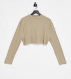 Collusion Waffle Raw Hem Crop Long Sleeve T-shirt In Almond-white