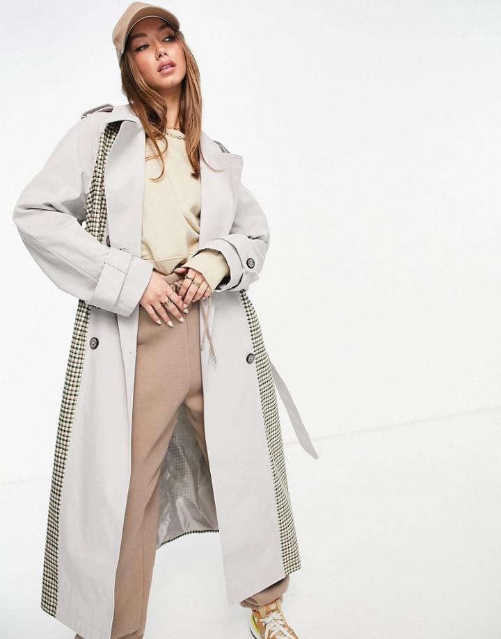 Asos Design Leather Look Spliced Check Trench Coat-green