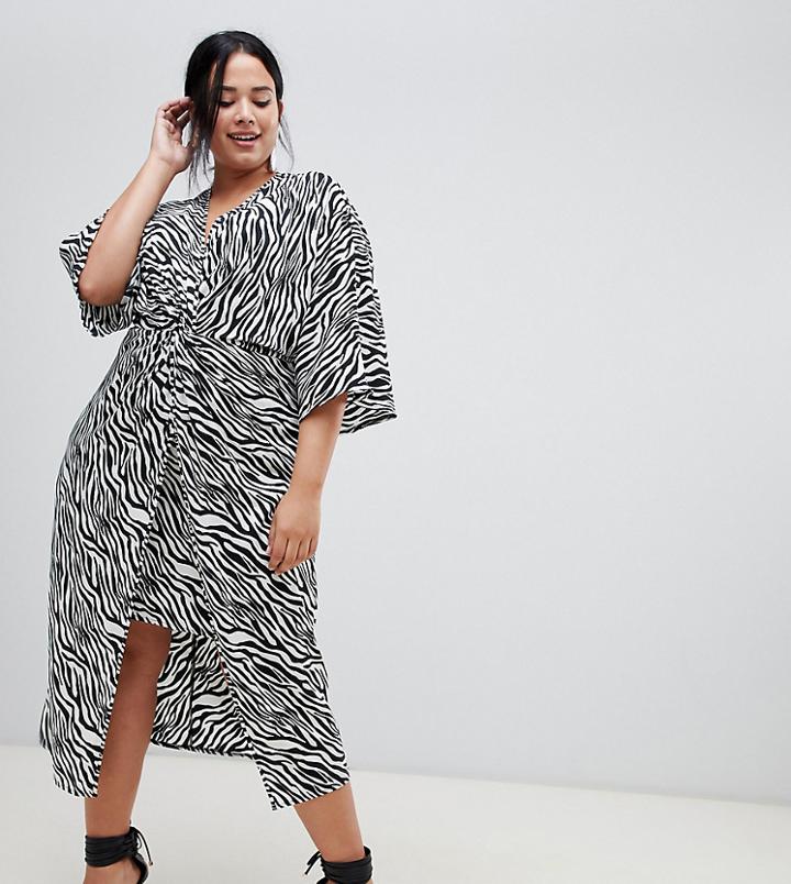 Asos Design Curve Kimono Dress In Midi Length In Zebra Print-multi