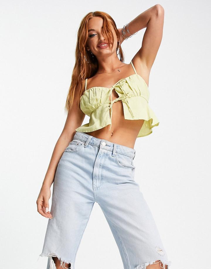 Bershka Ruched Cup Tie Front Crop Top In Light Green