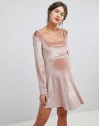 Asos Design Maternity Mini Velvet Skater Dress With Bust Seaming - Pink