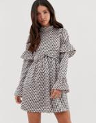 Missguided Long Sleeve Frill Dress In Geo Print-multi