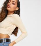 Asos Design Petite Long Sleeve Fitted Crop Top With Ruched Sides In Sand-neutral