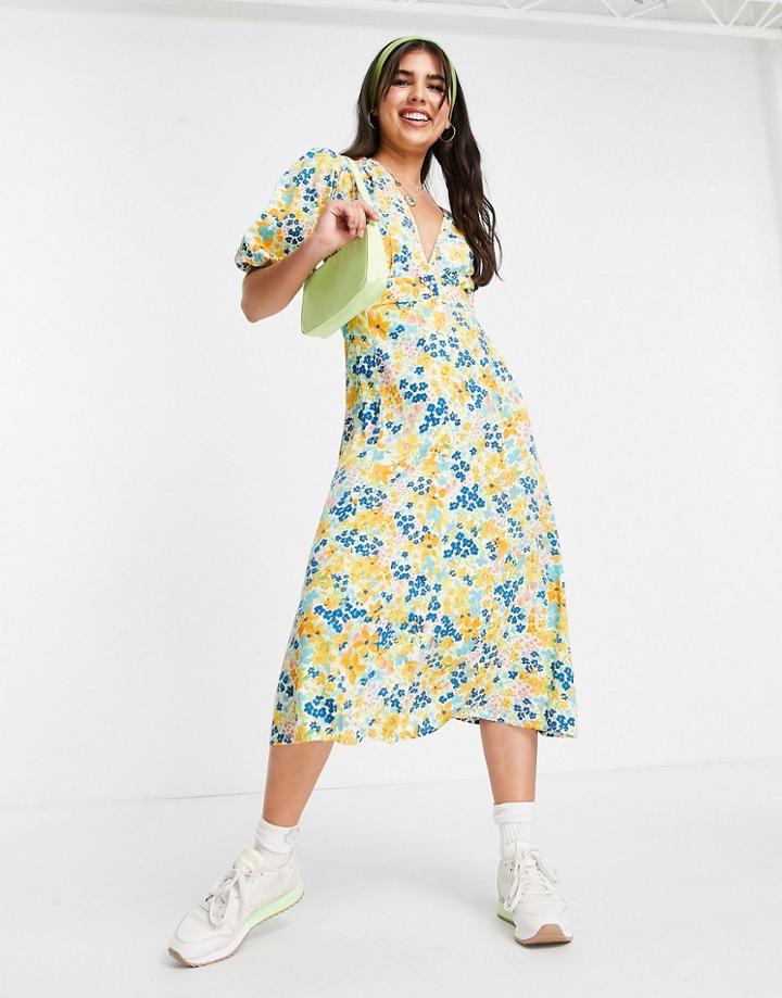 Influence Midi Tea Dress In Yellow Floral-multi