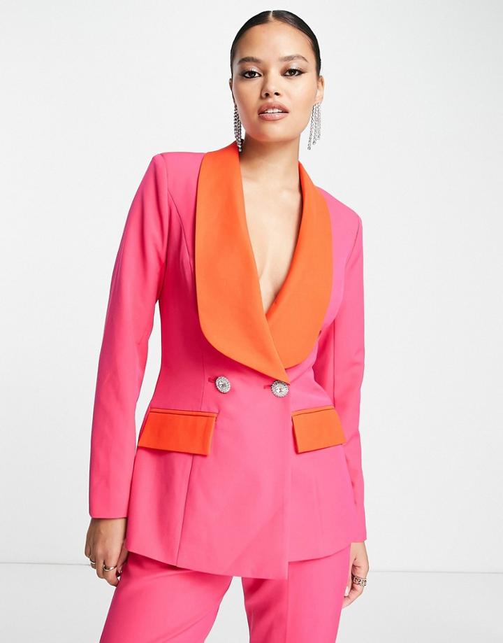 Lavish Alice Exclusive Color Block Collar Blazer In Pink And Red Multi - Part Of A Set