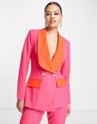 Lavish Alice Exclusive Color Block Collar Blazer In Pink And Red Multi - Part Of A Set