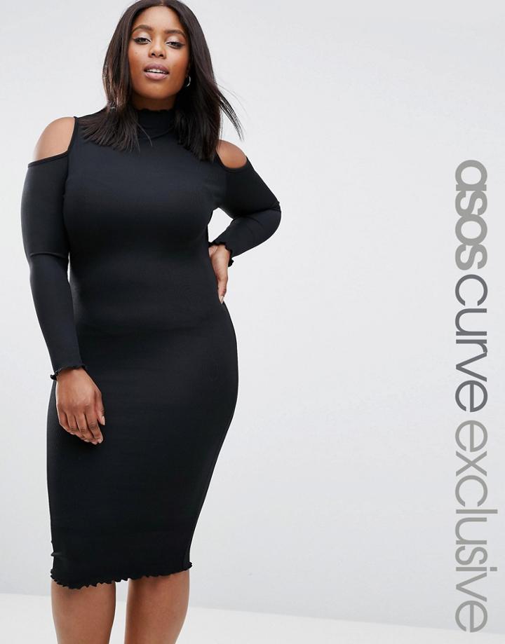 Asos Curve Premium Rib Bodycon Dress With Cold Shoulder And Frill Seam