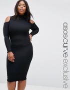Asos Curve Premium Rib Bodycon Dress With Cold Shoulder And Frill Seam