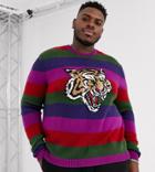 Asos Design Plus Knitted Stripe Sweater With Tiger Design-multi