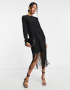 Vero Moda Long Sleeve Midi Dress With Tassel Hem In Black