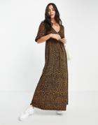 Asos Design V Neck Midi Smock Dress In Leopard Print-multi